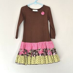 Rare Editions | Girls Brown Pink Green Lined Skirt Floral Cotton Dress